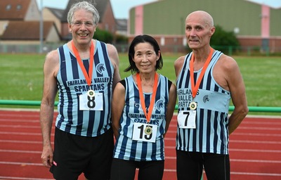 Three FVS GOLD medal winners Jim Brown Yuko Gordon and David Bowker at the County Track 10K 17th July 2024 by Keith Fenwick (1) (2)