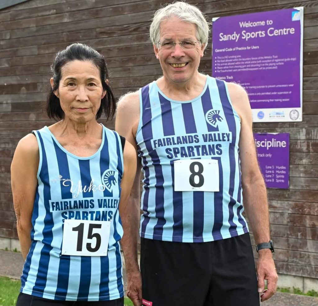 Yuko Gordon and Jim Brown FVS before the County track 10K by Keith Fenwick FVS