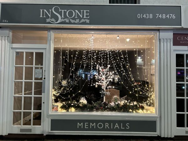 in-stone-memorials-stevenage-christmas-shop-window-2024