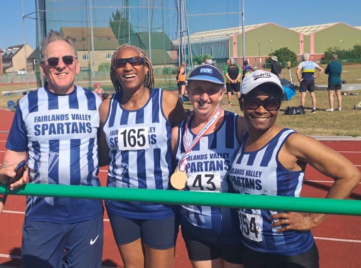 Some of the Spartans at the Eastern Masters track and field championships Tessa 165 Sharon 43 Joylyn 154 and Tim no number (1)